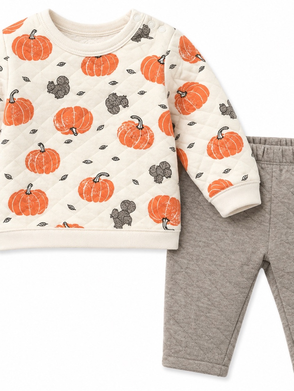 Quilted Pumpkin Print Top & Quilted Pants Set - Orange & Cream unisex
